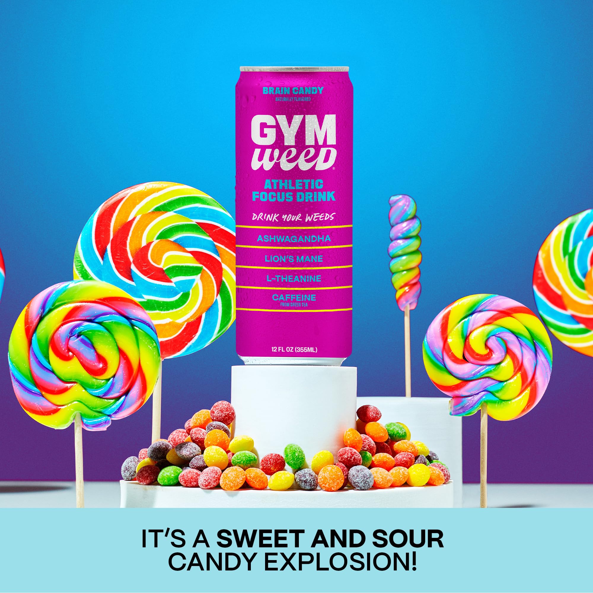 GYM SODA GYM WEED cans on gym bench indicating ideal pre-workout use