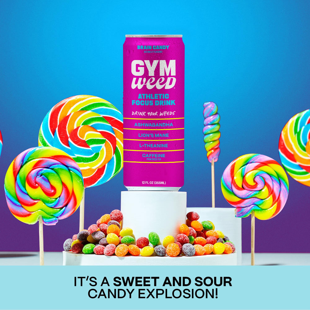 GYM SODA GYM WEED cans on gym bench indicating ideal pre-workout use