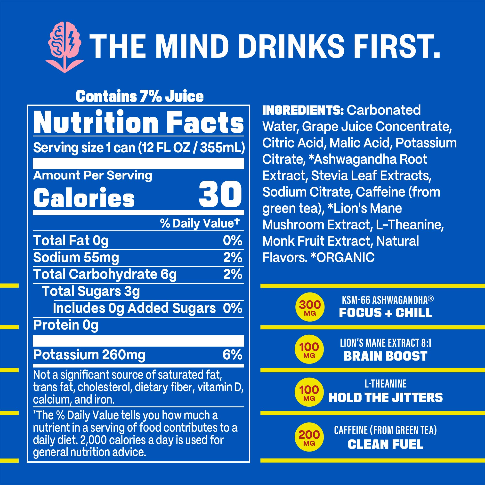 GYM SODA GYM WEED close-up label highlighting adaptogens and caffeine
