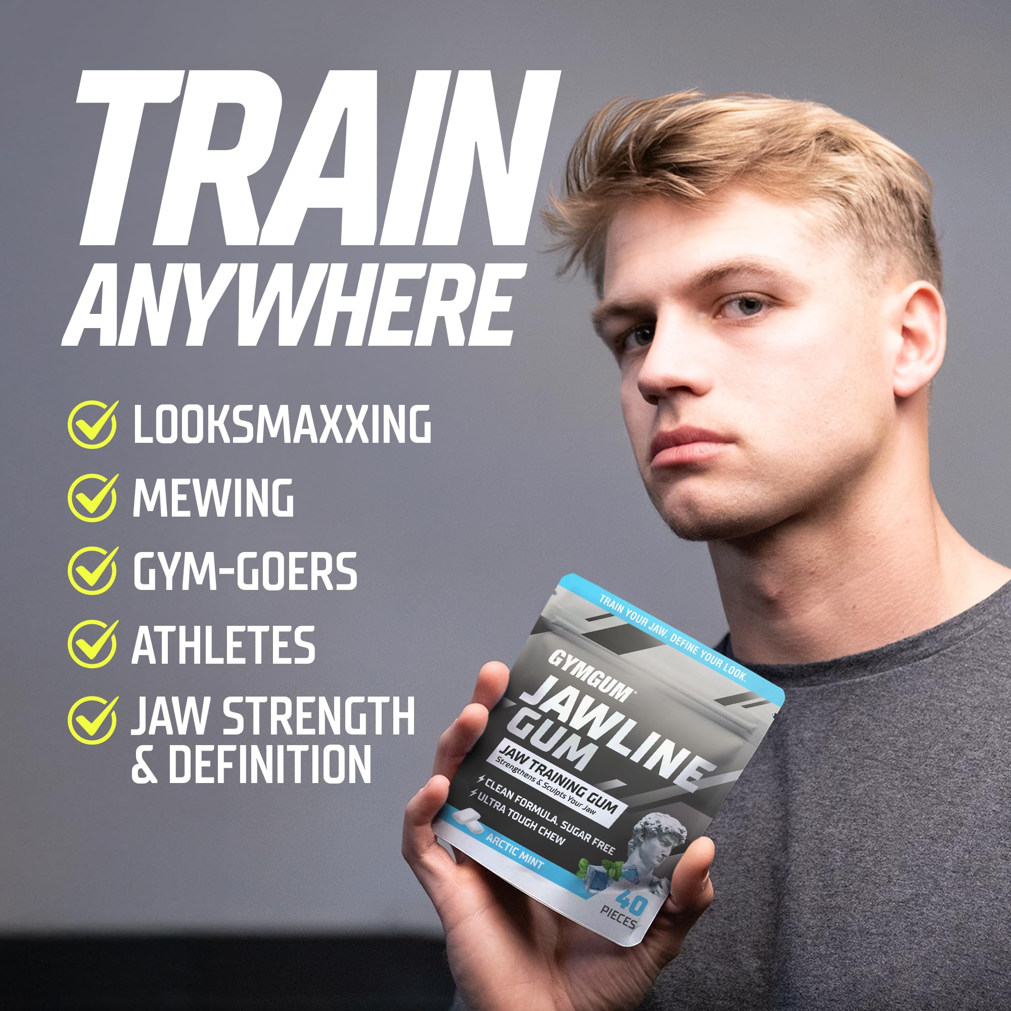 GYMGUM being chewed in a gym to support focused jaw training