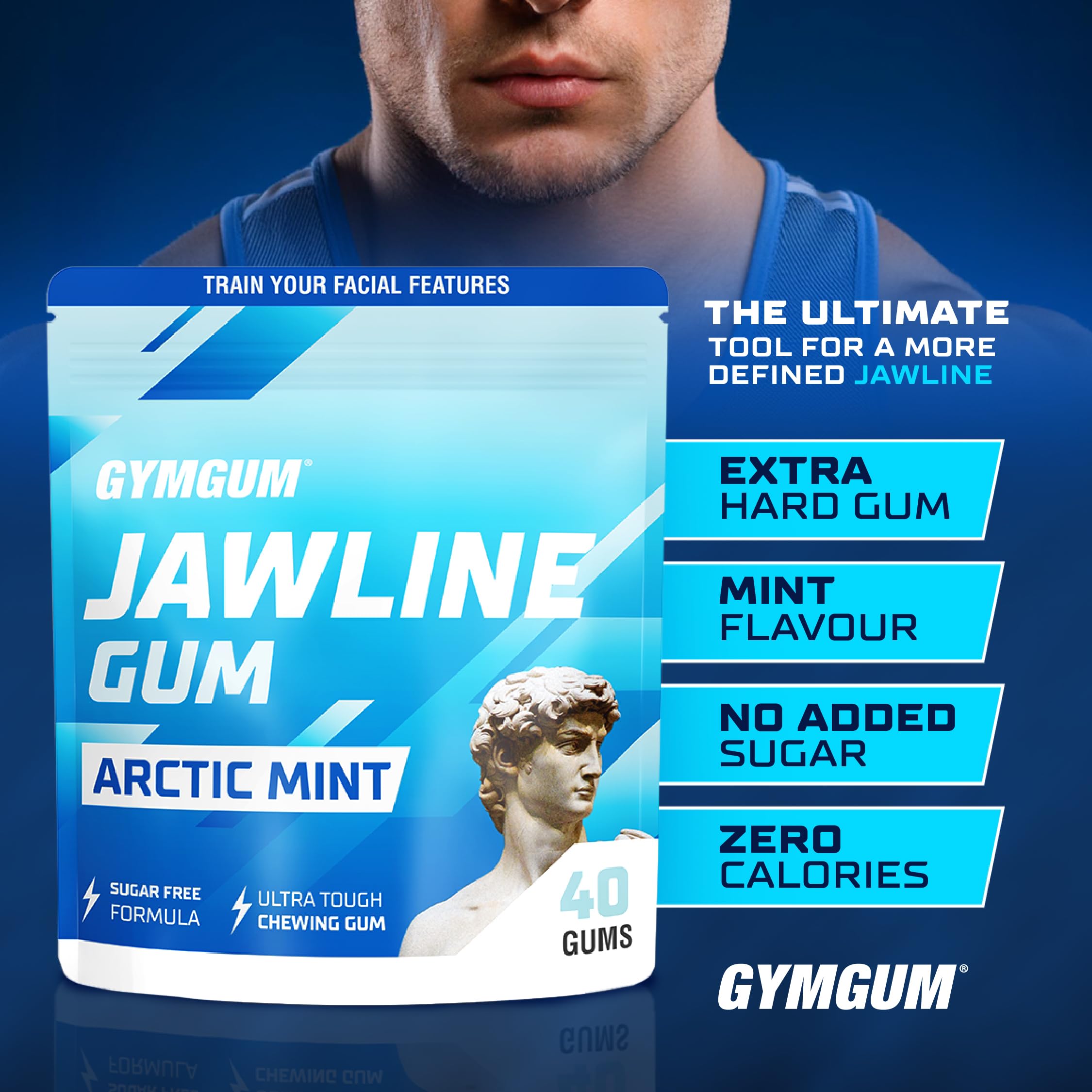 GYMGUM label close up showing ingredients and sugar‑free benefit for diet compatibility