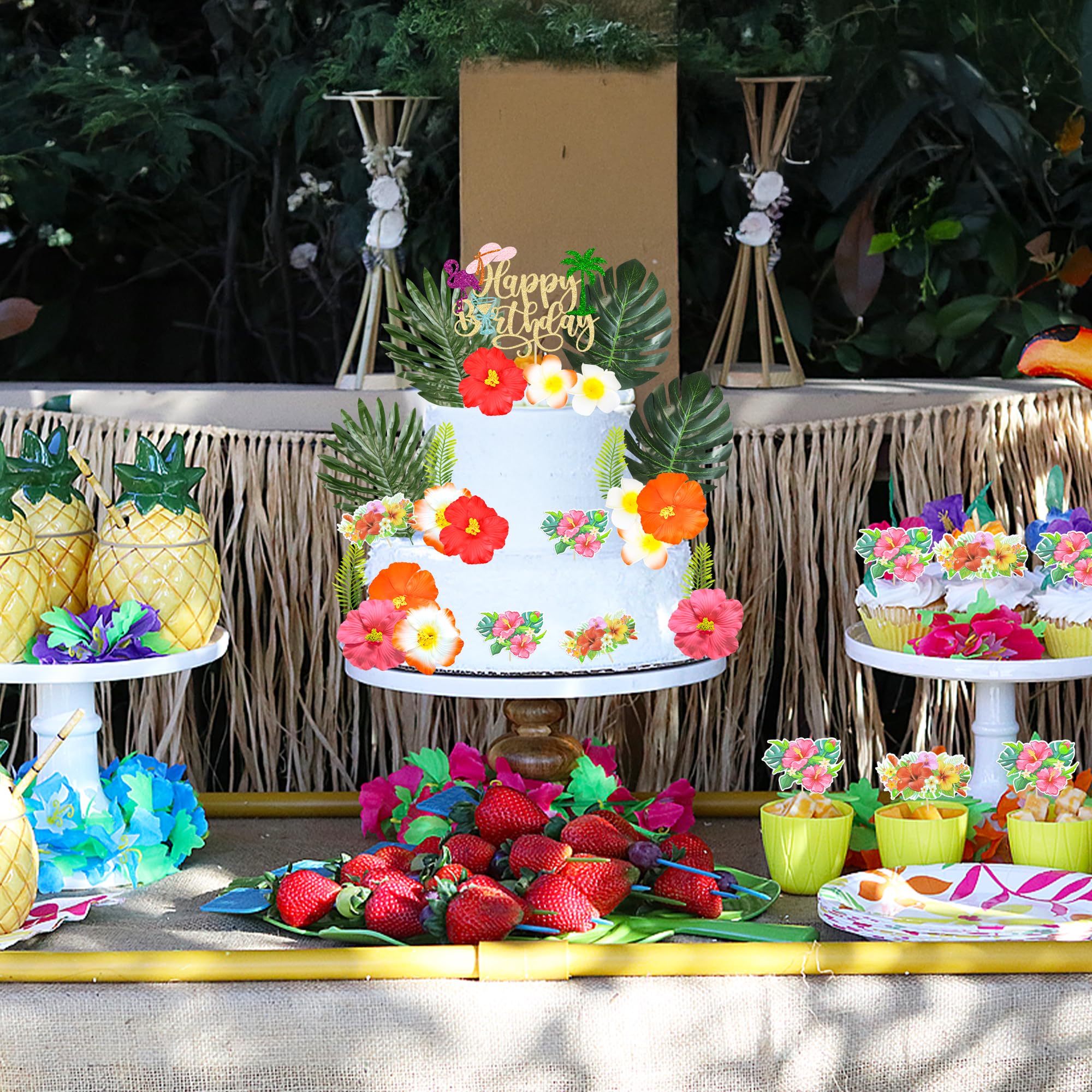 Gyufise topper inserted into birthday cake demonstrating festive Aloha theme decor