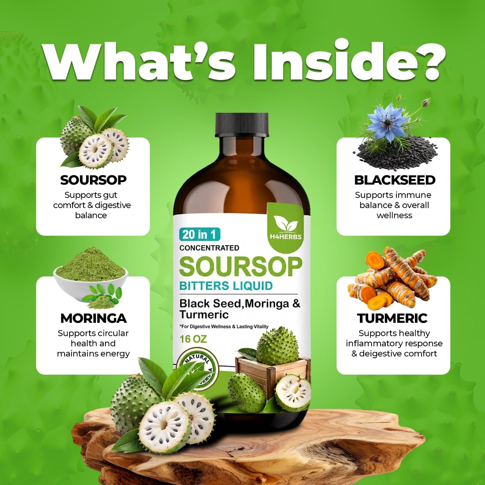 H FOR HERBS flatlay of soursop, moringa, turmeric and black seed ingredients