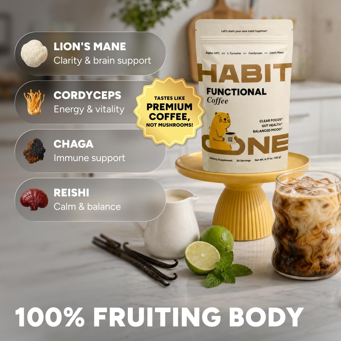 HABIT ONE close-up of instant powder texture, highlights smooth solubility and aroma