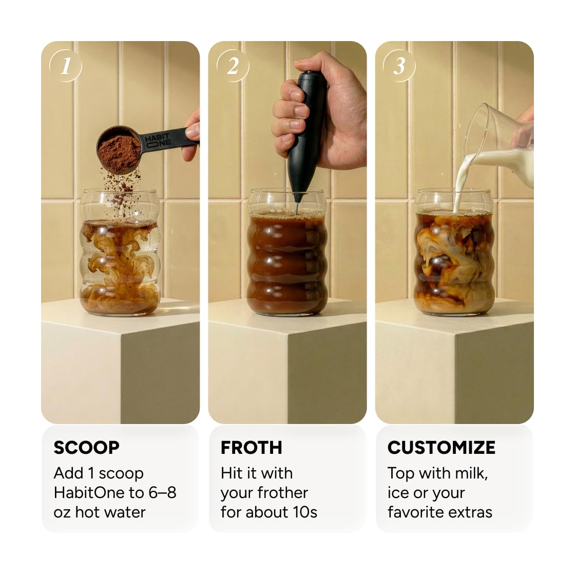 HABIT ONE ingredients spread with mushrooms and coffee beans, displays clean fruiting-body sourcing