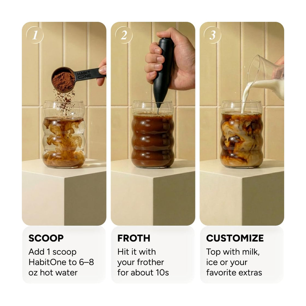 HABIT ONE ingredients spread with mushrooms and coffee beans, displays clean fruiting-body sourcing