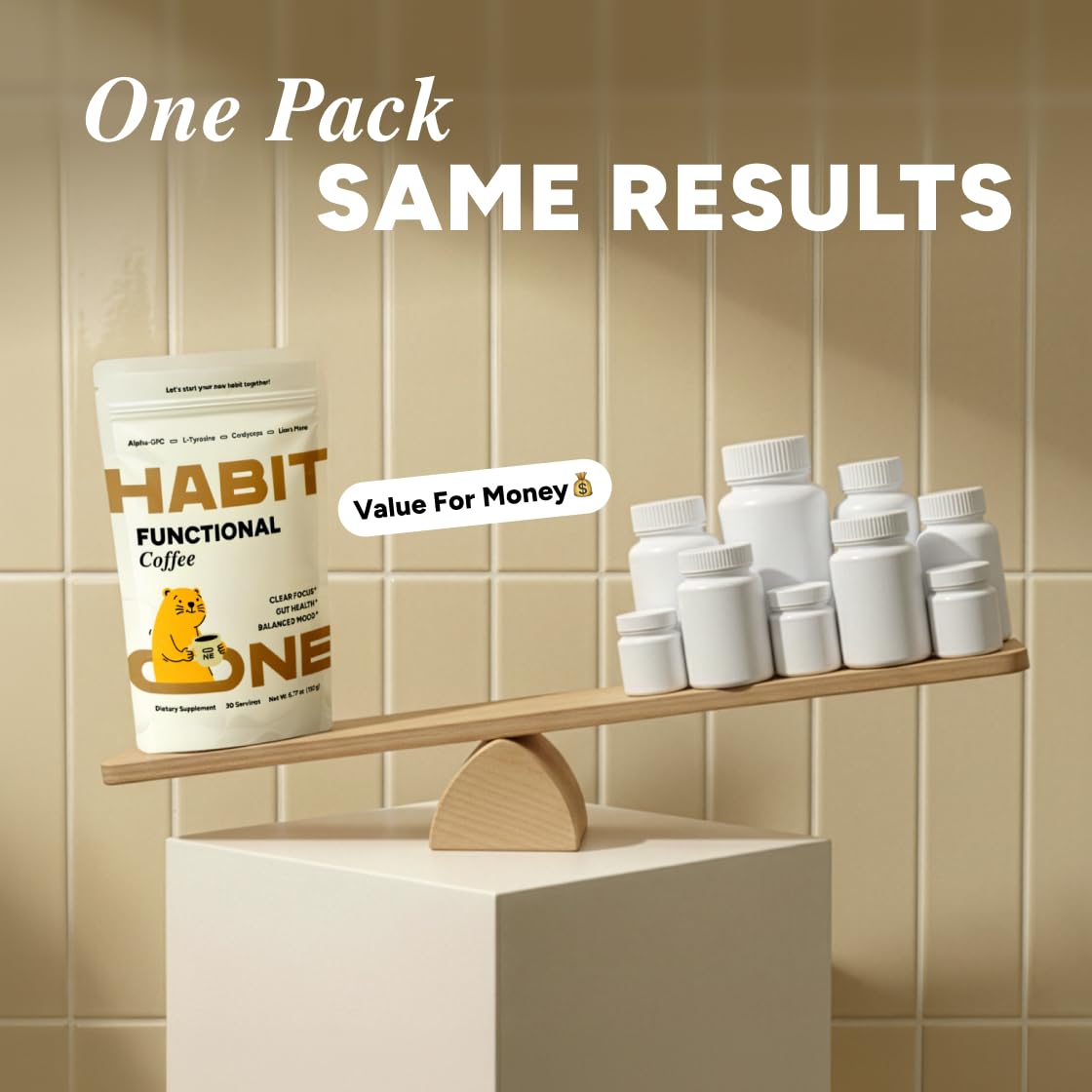 HABIT ONE scoop beside jar for scale, indicates single-serving convenience and portion clarity