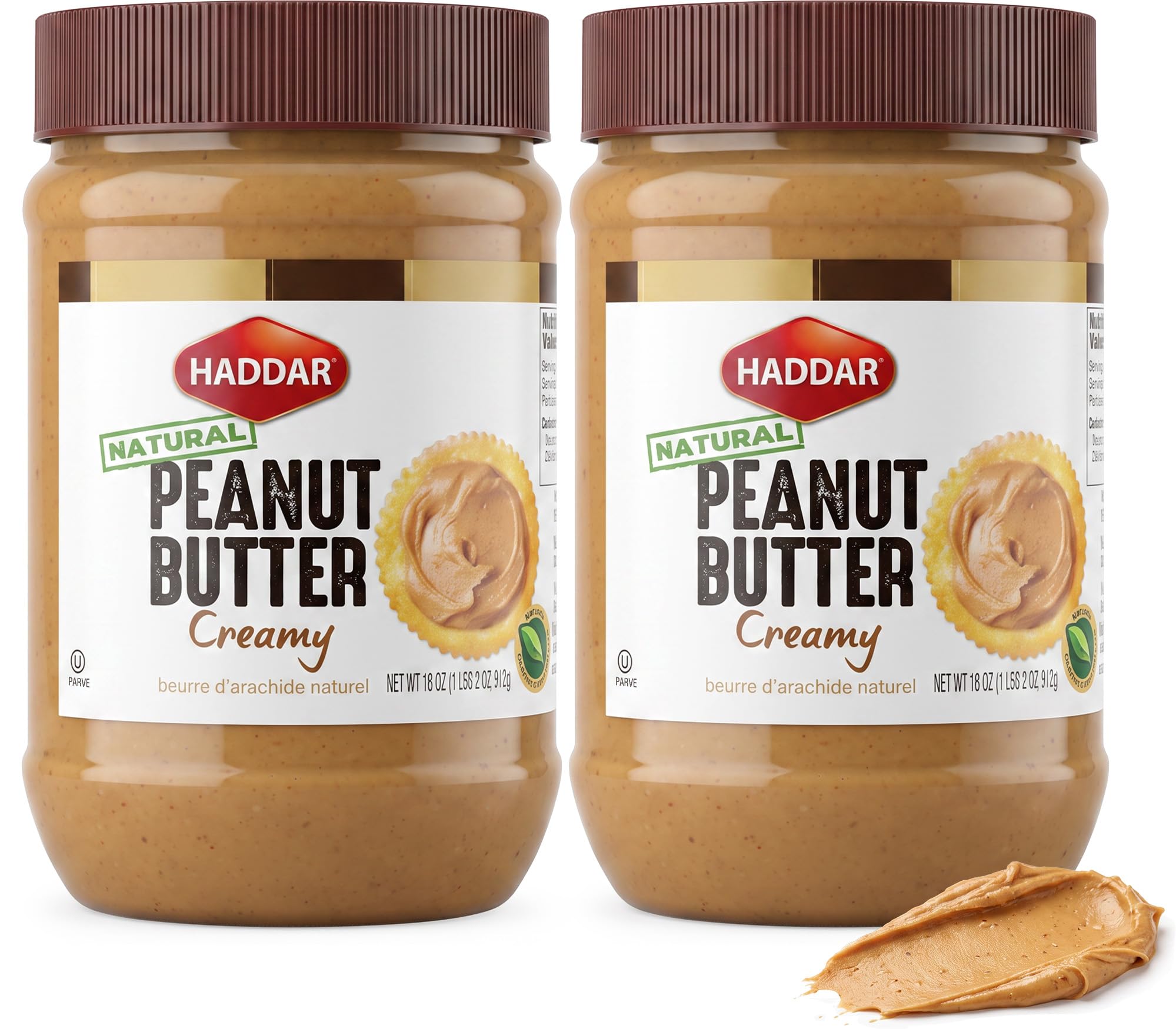 Haddar jar front label showing pure peanut ingredient and kosher certification benefit