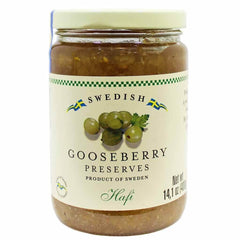Hafi jar front packaging showing gooseberry preserves, bright flavor visible