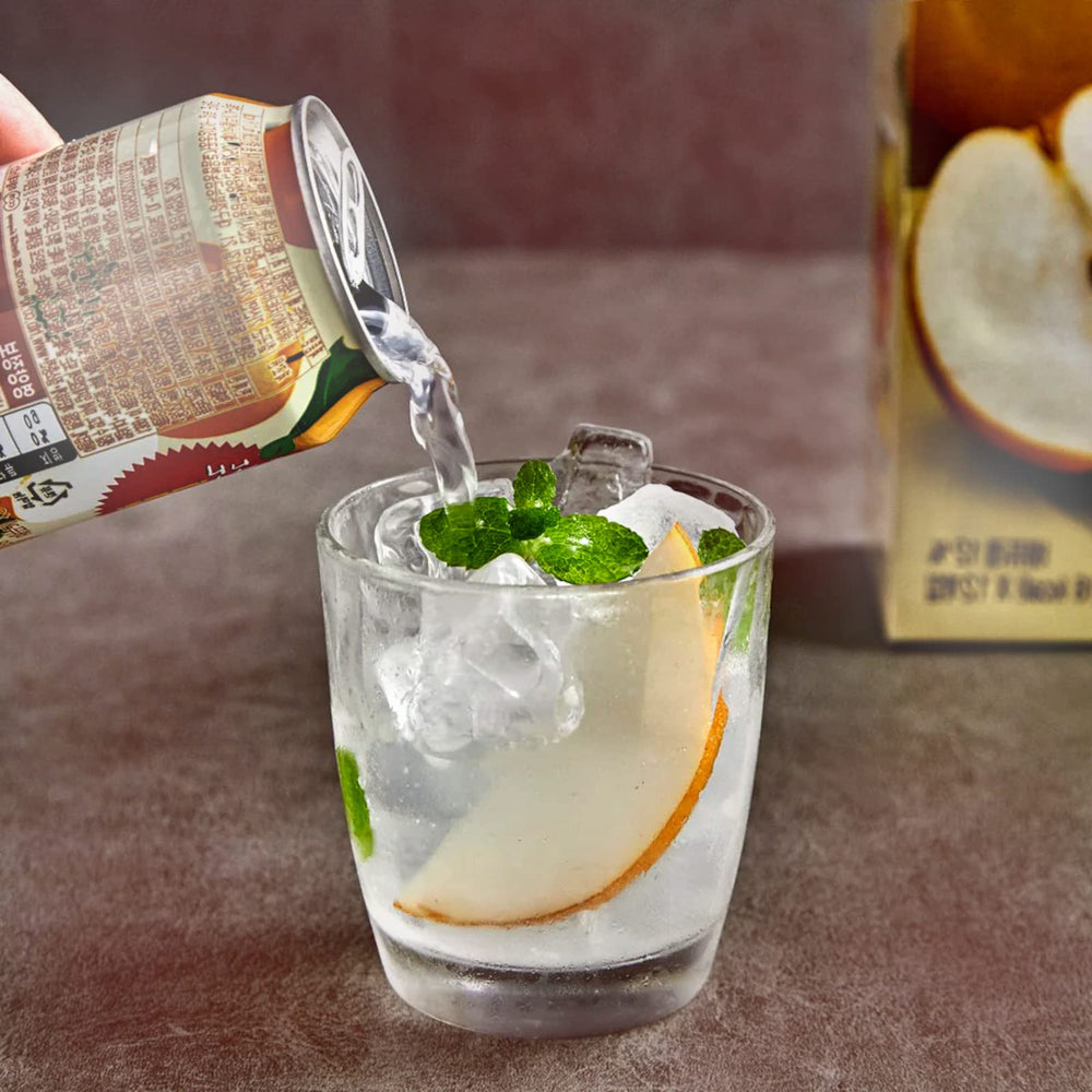 Haitai grated pear close-up highlighting pear shreds inside the beverage for natural texture