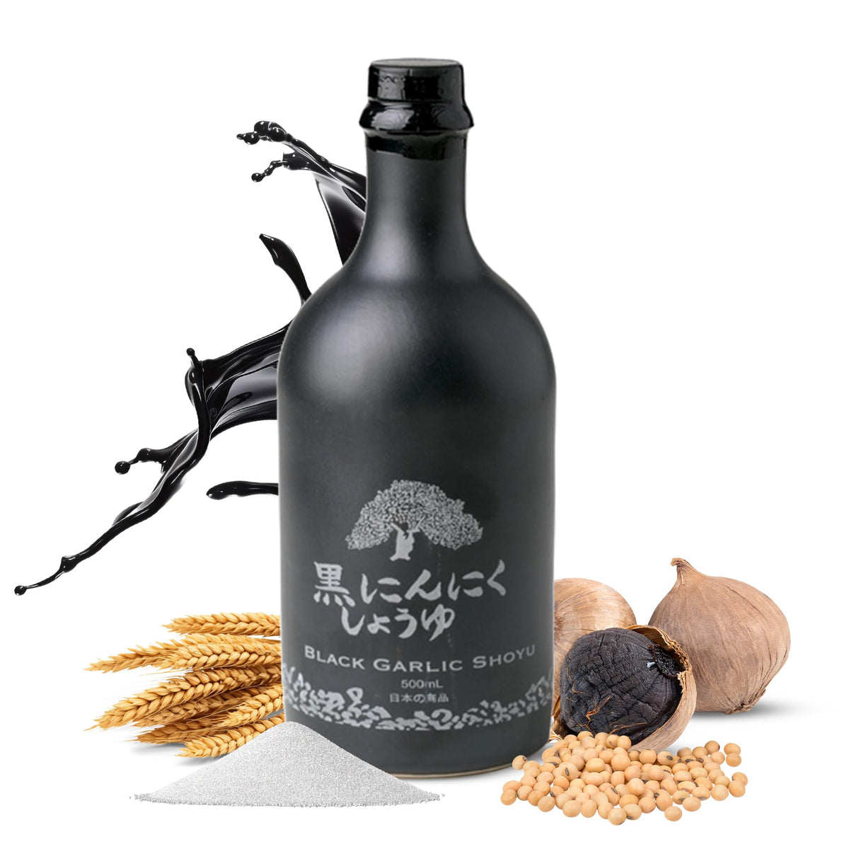 HAKU bottle front label showing elegant black garlic shoyu, clear branding and benefit