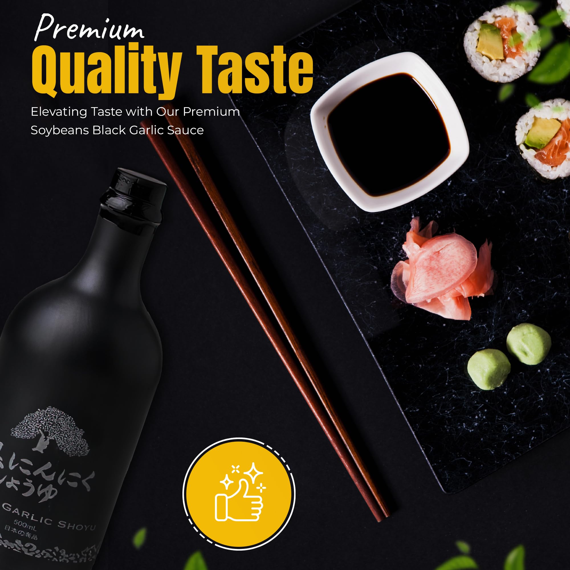 HAKU in a dipping bowl beside sushi, offering rich umami enhancement to raw fish