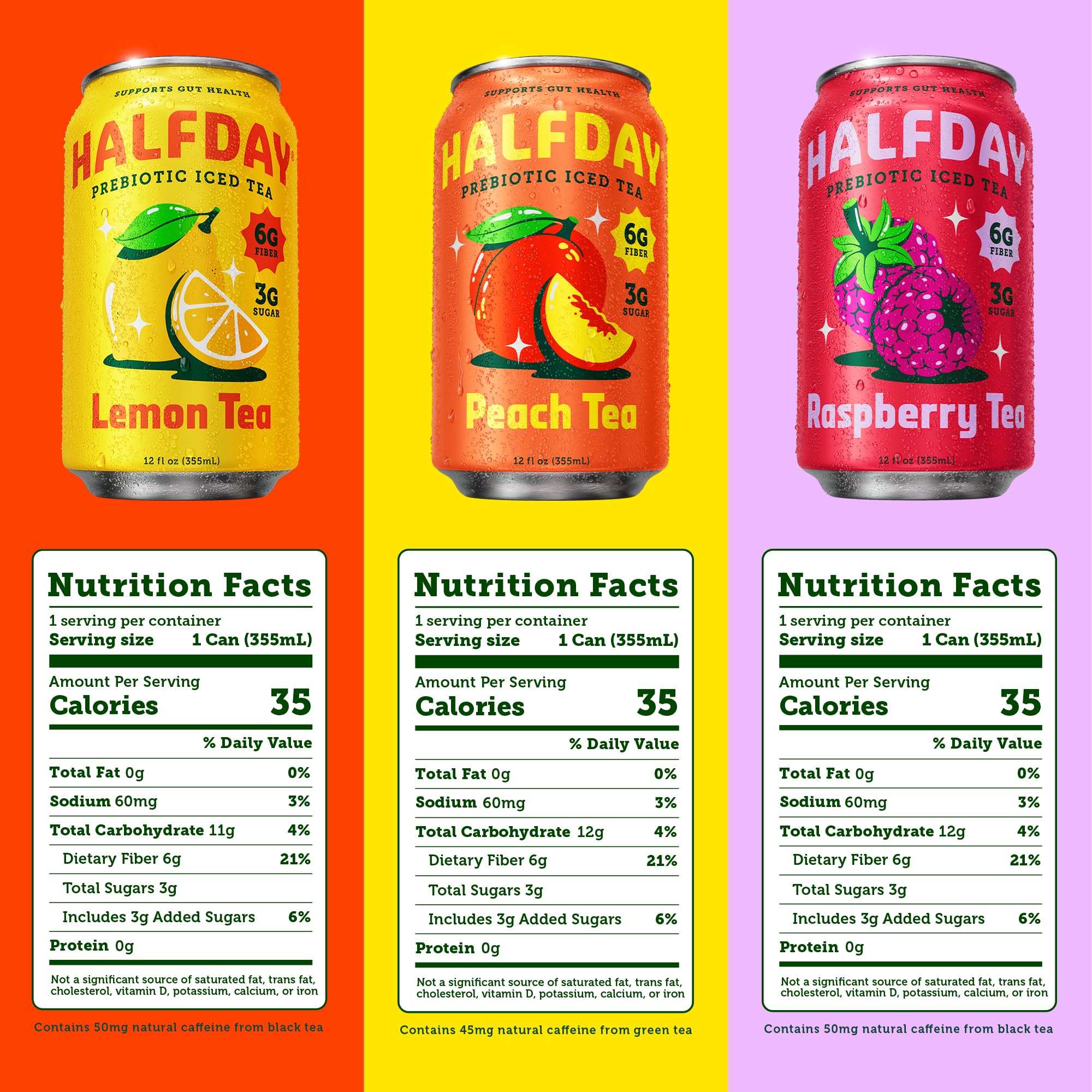 Halfday can close-up peach label detail highlighting fiber and low sugar