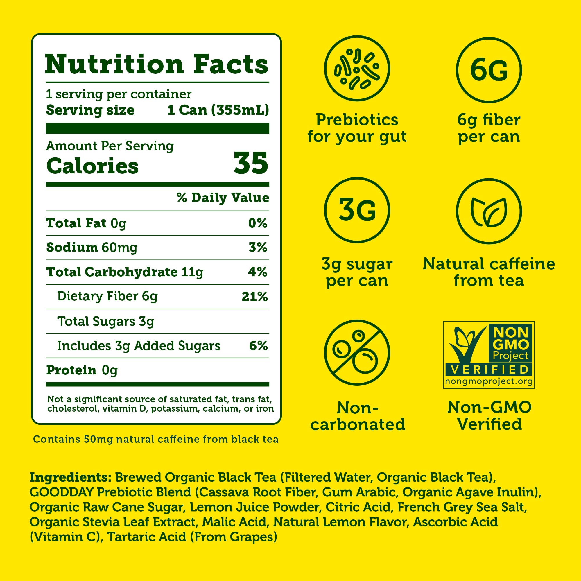 HALFDAY close-up of lemon iced tea can label highlighting prebiotic fiber