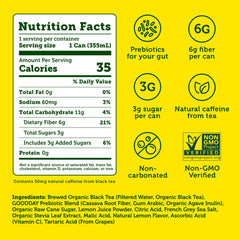 HALFDAY close-up of lemon iced tea can label highlighting prebiotic fiber