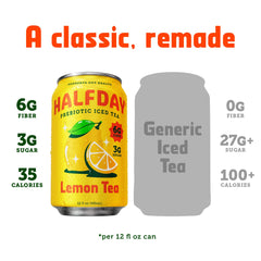 HALFDAY can top open with chilled lemon iced tea ready to drink and convenience