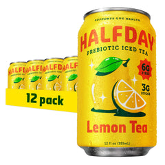 HALFDAY front packaging 12-pack showing lemon iced tea cans and benefits