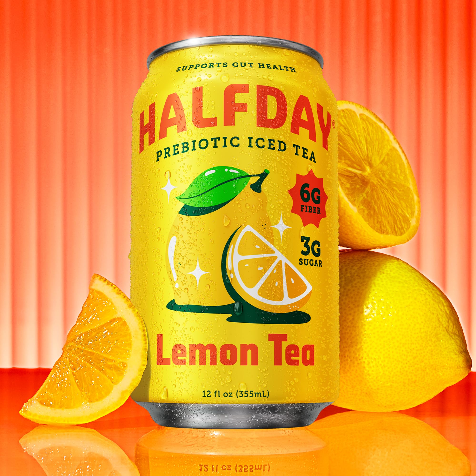 HALFDAY poured over ice in a glass showing clear lemon flavor and refreshing look