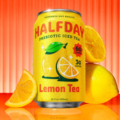 HALFDAY poured over ice in a glass showing clear lemon flavor and refreshing look