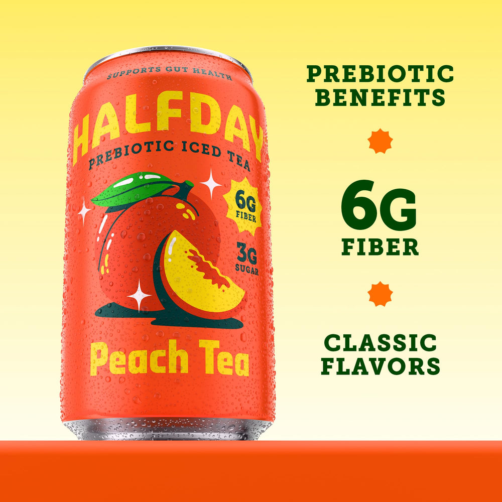Halfday cans on picnic blanket with snacks showing convenient on-the-go refreshment