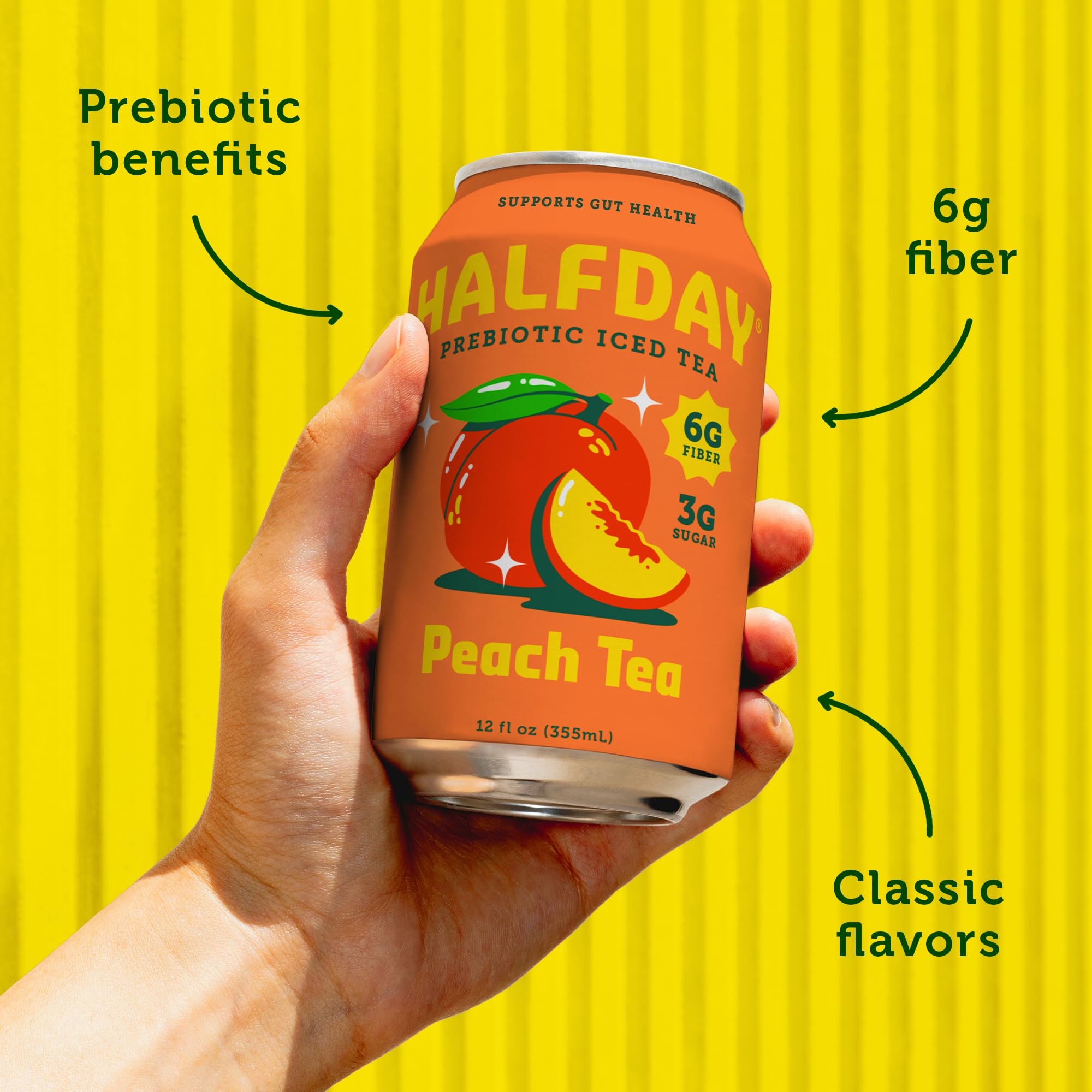 Halfday can held in hand for scale demonstrating portable low-calorie option
