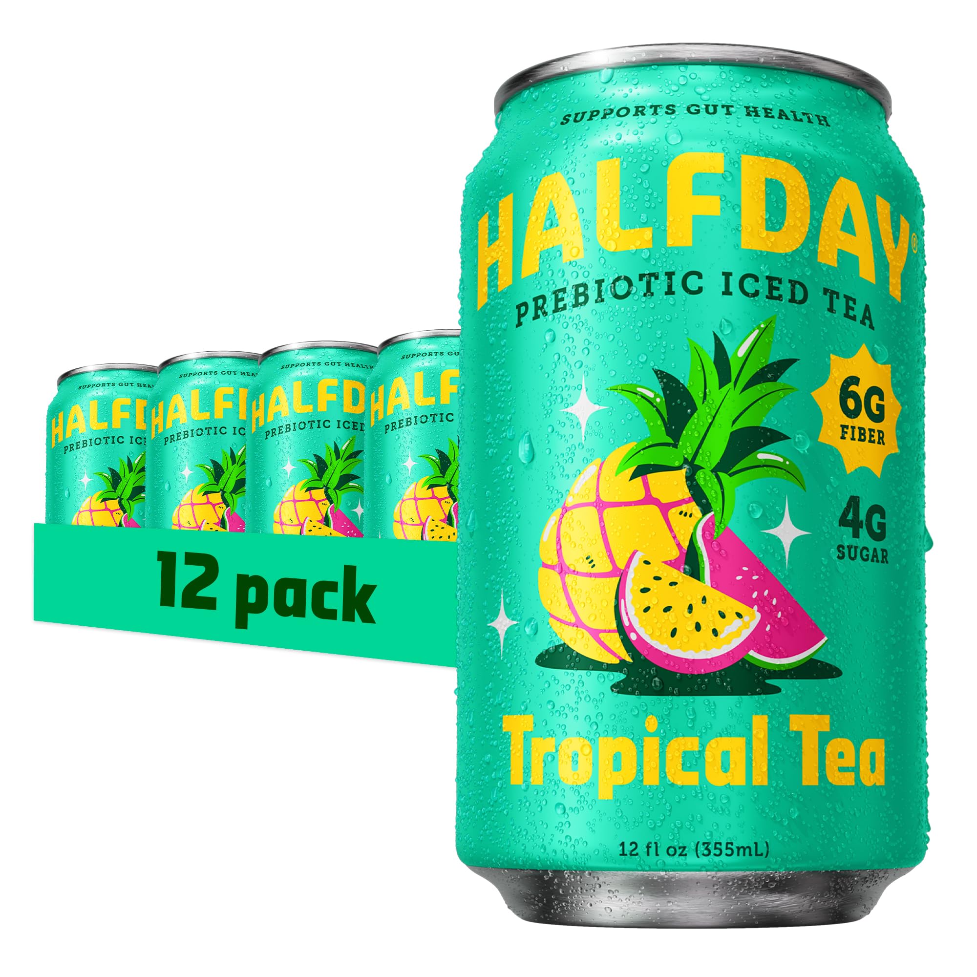 Halfday tropical tea front packaging showing vibrant can and branding, refreshing taste