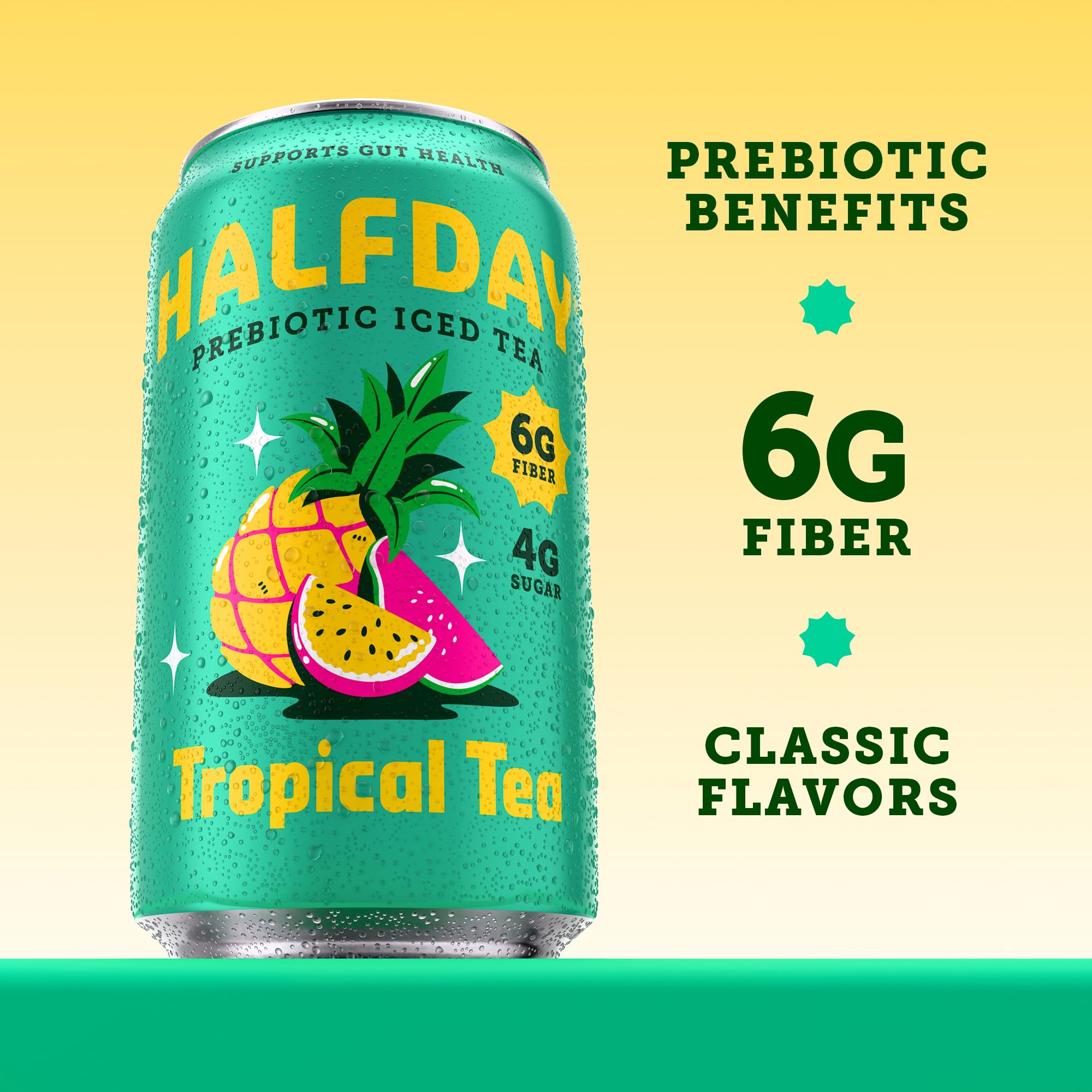 Halfday can beside a hammock and sunglasses evoking relaxation and low-sugar refreshment