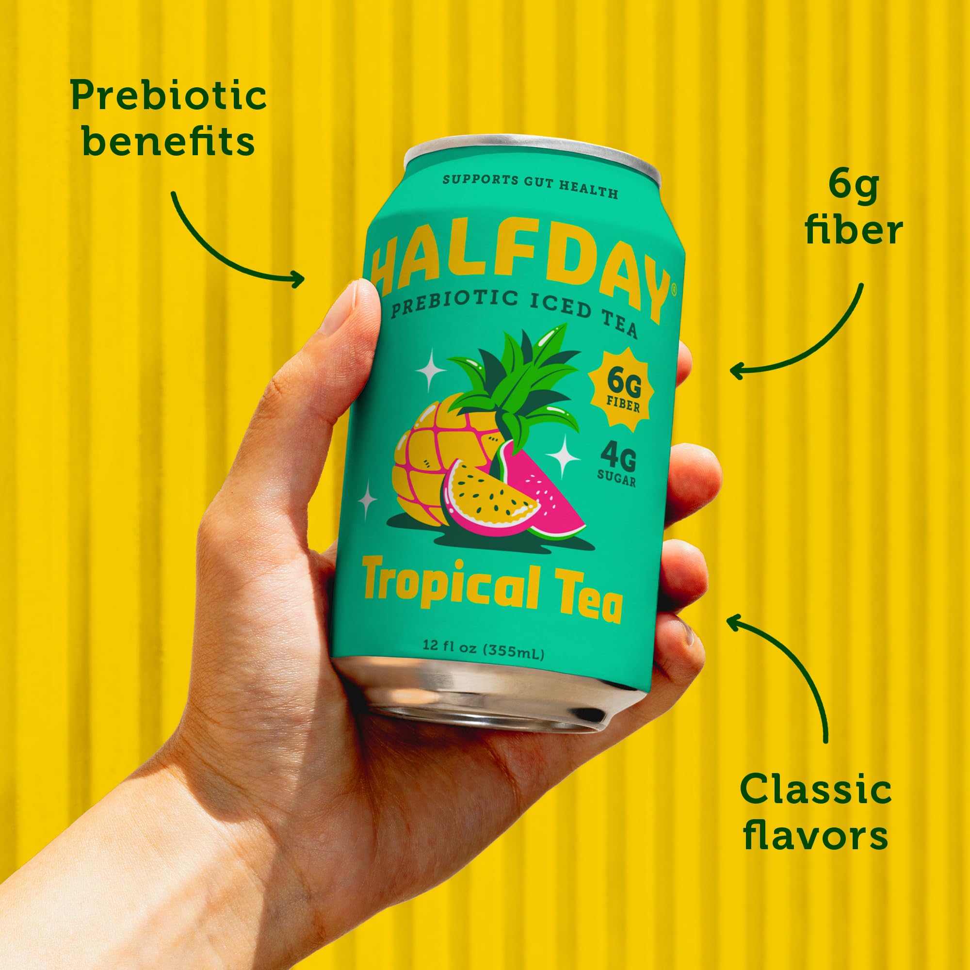 Halfday can held in hand for scale showing 12 fl oz size and on-the-go fiber benefit