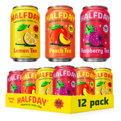 Halfday variety pack front packaging showing Lemon Peach Raspberry benefits