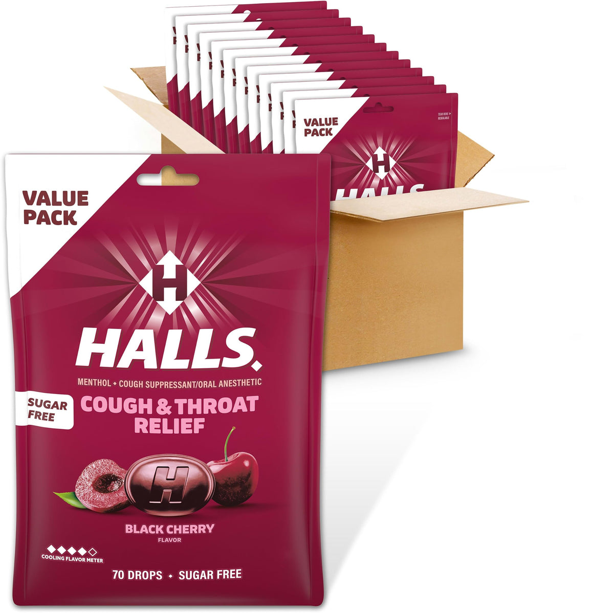 HALLS front packaging showing black cherry flavor and bulk count for easy selection