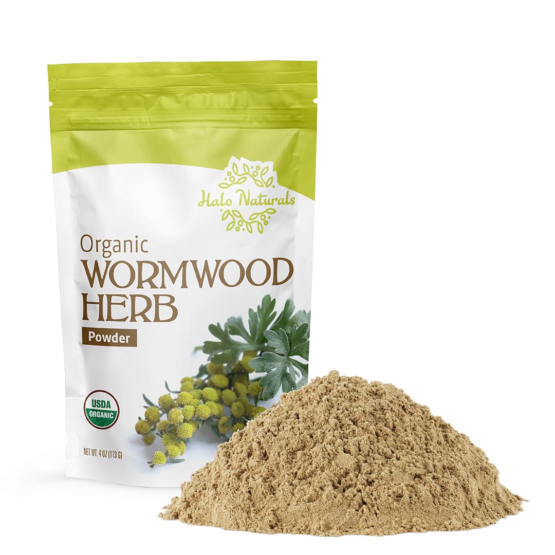 Halo Naturals front pouch showing organic wormwood and USDA seal for trustworthy sourcing