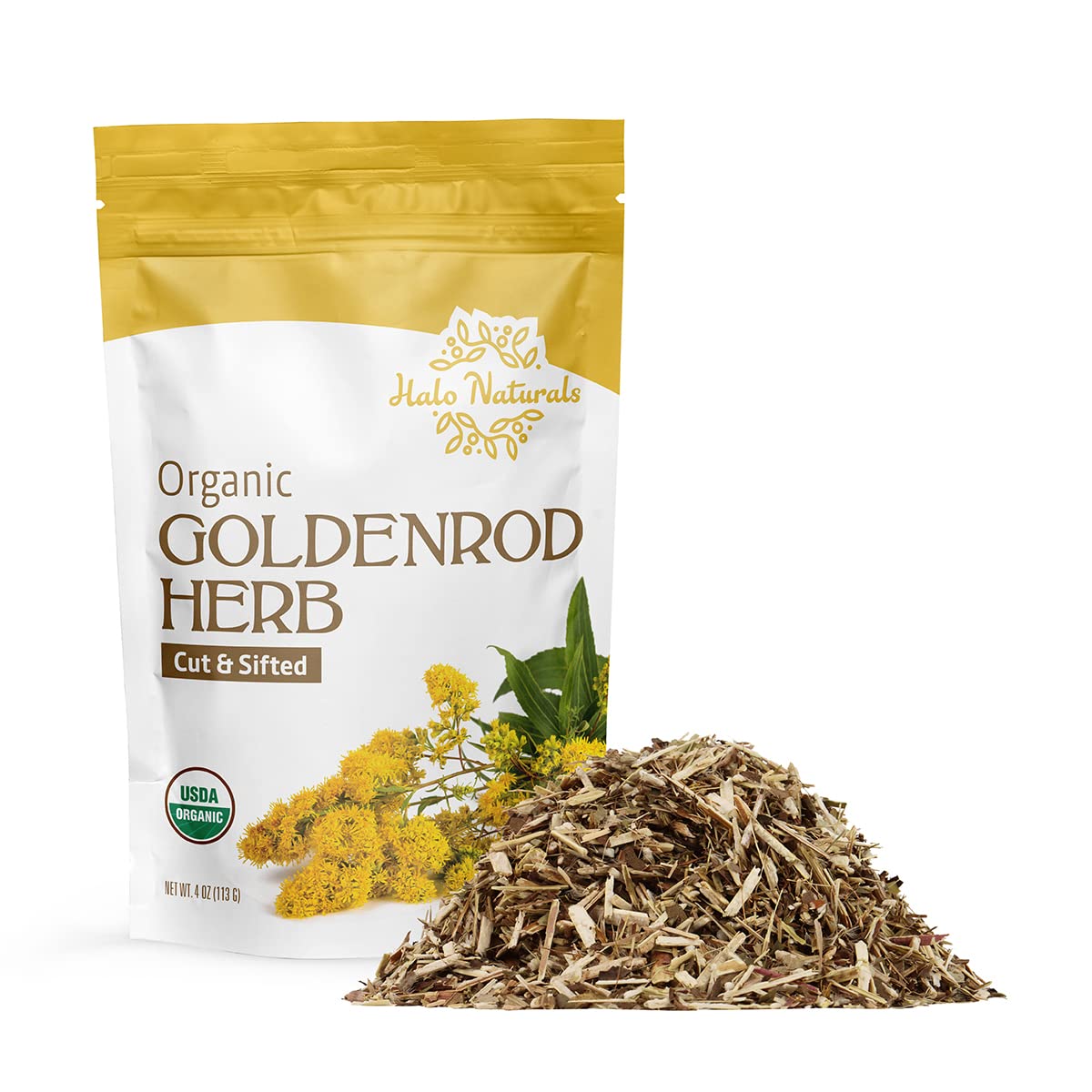 Halo Naturals front packaging of goldenrod showing organic seal and pouch benefit freshness