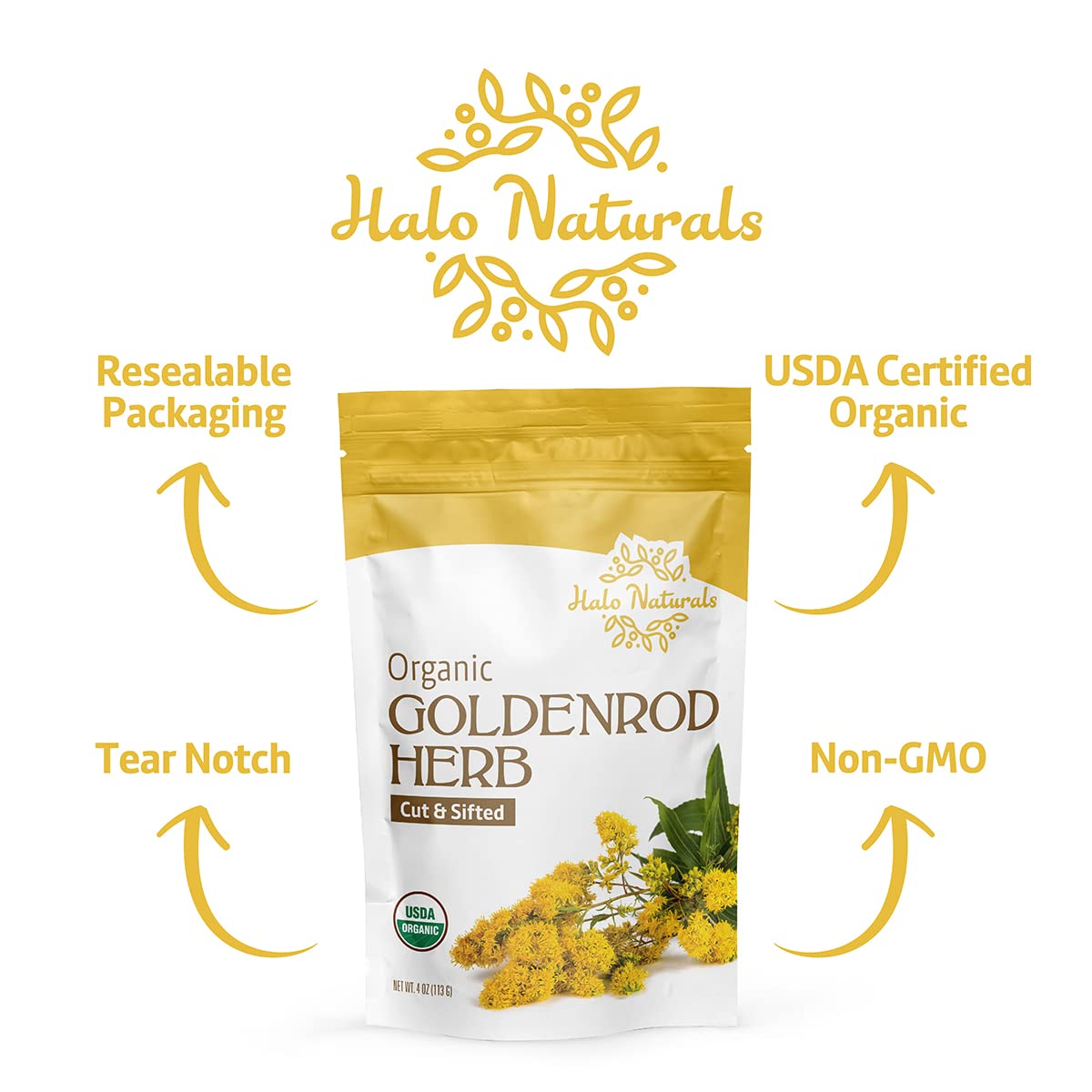 Halo Naturals goldenrod in wooden bowl ready for blending offering visual mixing benefit