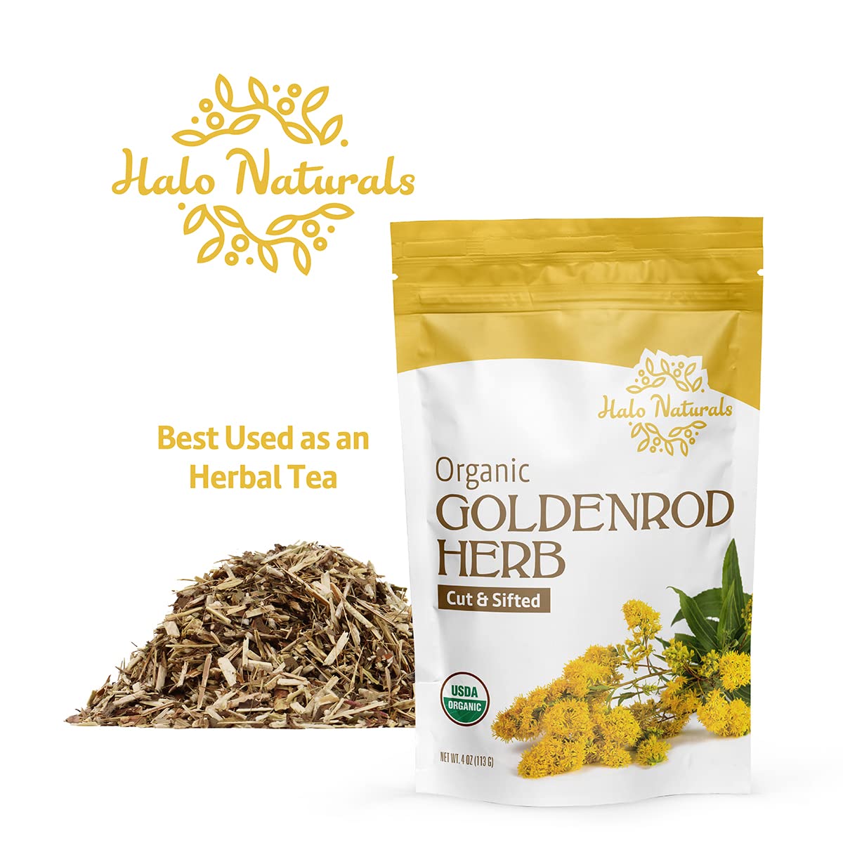 Halo Naturals label close-up showing Solidago virgaurea botanical name and certification benefit