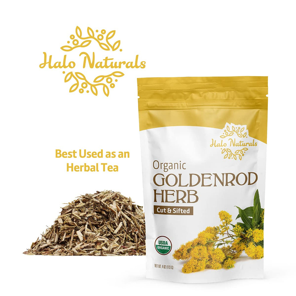 Halo Naturals label close-up showing Solidago virgaurea botanical name and certification benefit
