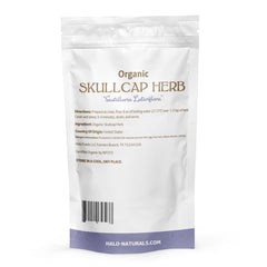Halo Naturals close-up of skullcap herb cut and sift texture highlighting plant quality