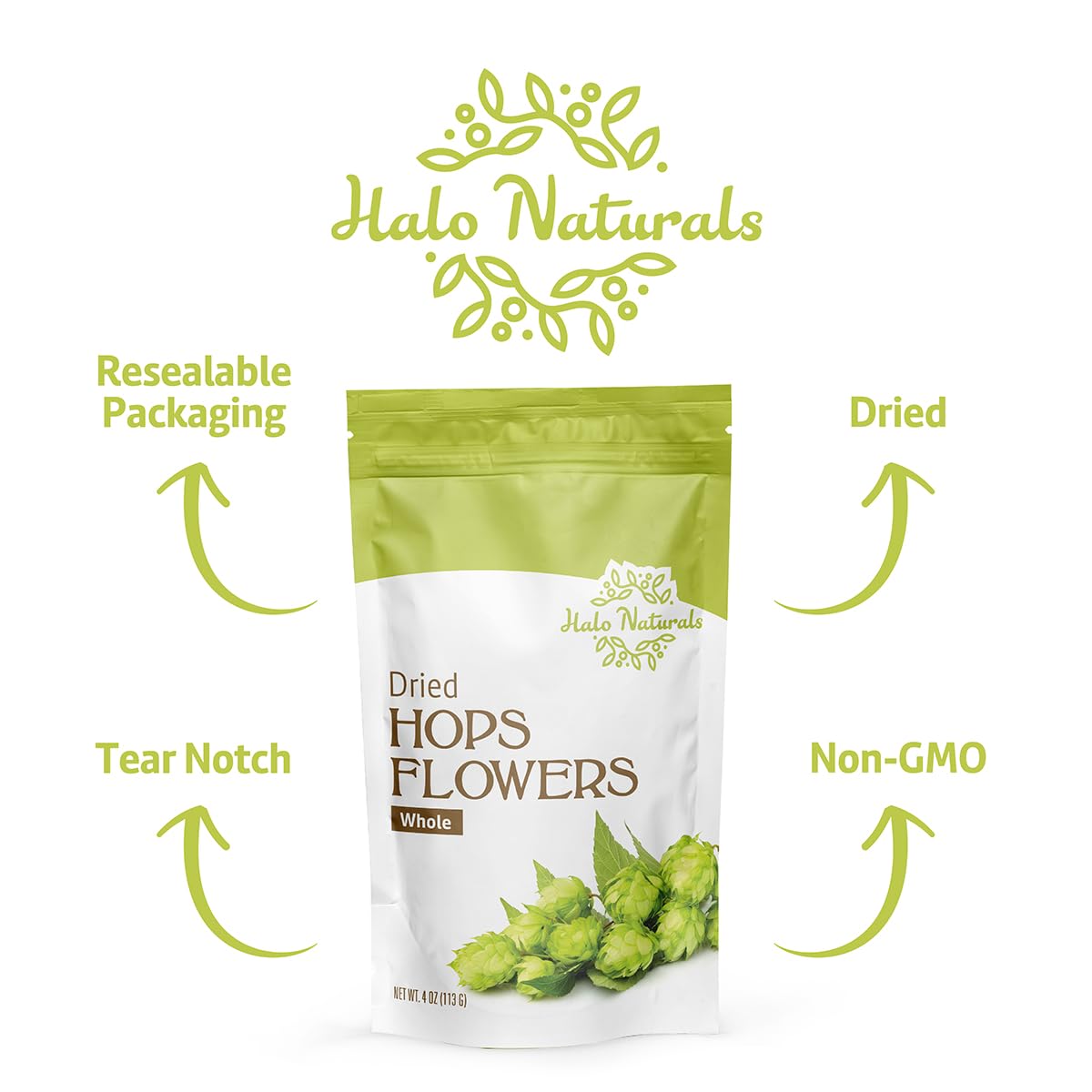 Halo Naturals hops next to measuring spoon showing 4 ounce scale and portioning benefit
