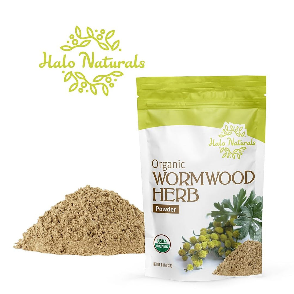 Halo Naturals label closeup highlighting Artemisia absinthium botanical ID and origin