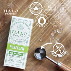 HALO PANTRY top label close-up displaying product name and USA-sourced packaging benefits
