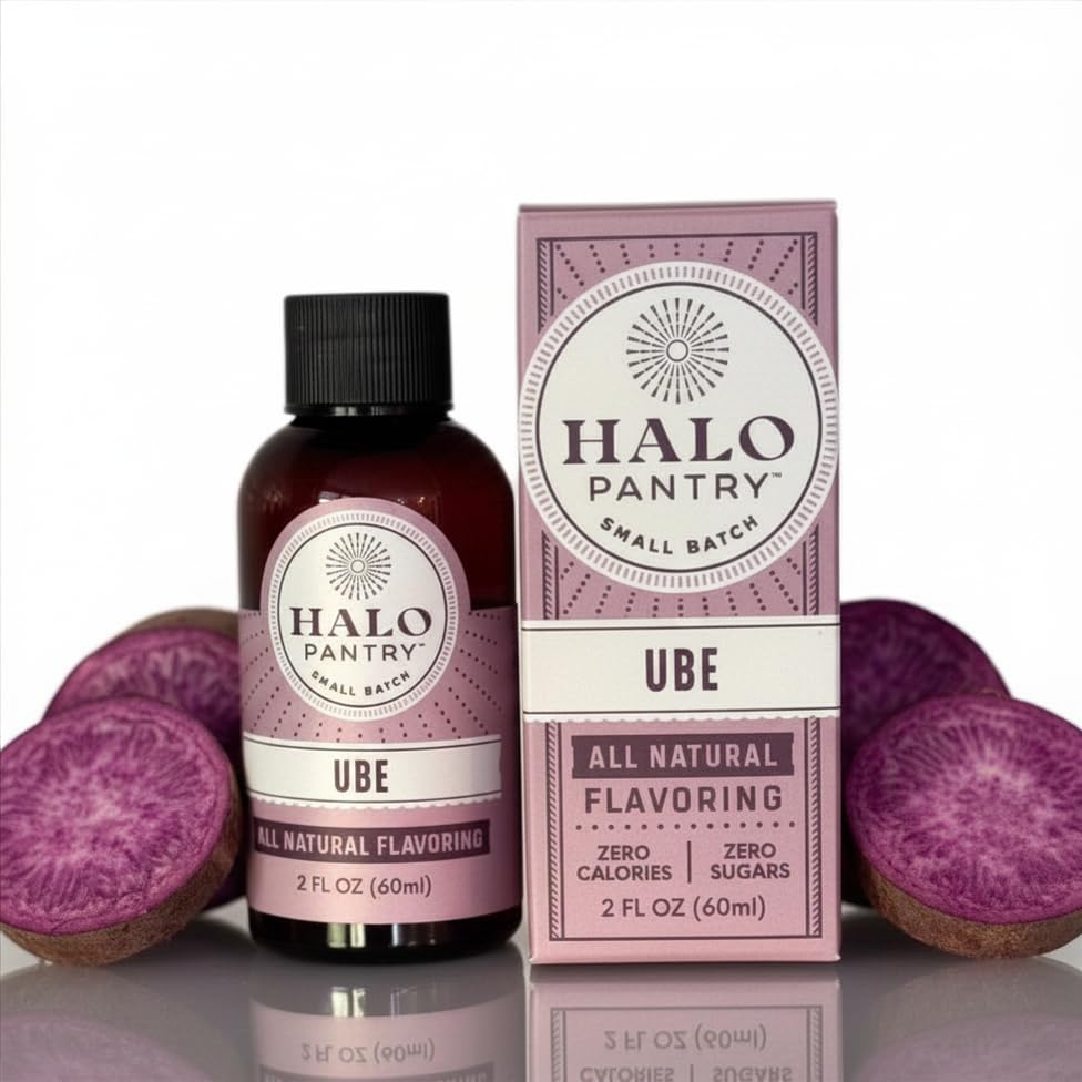 HALO PANTRY front bottle view showing clean ube extract and label benefits