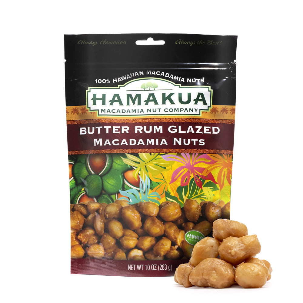 Hamakua Macadamia front packaging showing brand and butter rum flavor benefit: island-made indulgence