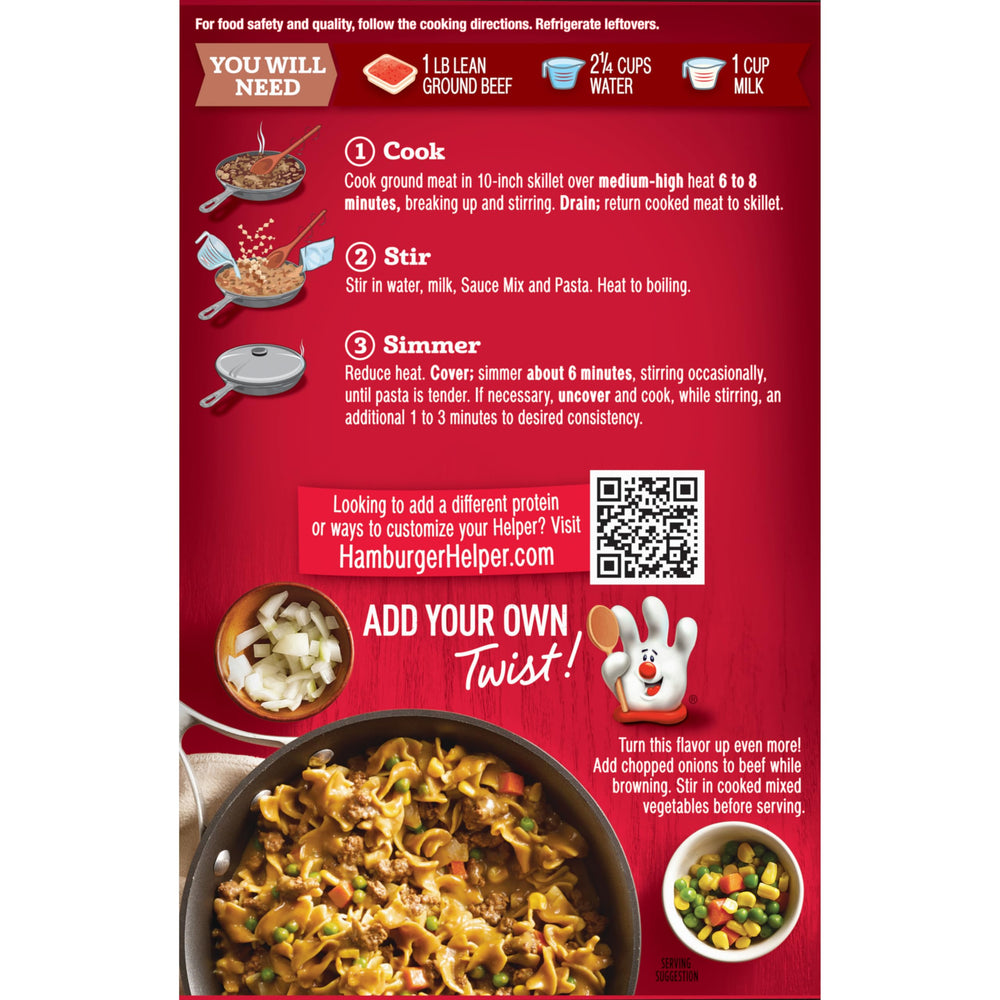Hamburger Helper ingredient pouch and label displaying easy three-step instructions