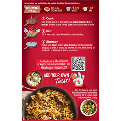 Hamburger Helper ingredient pouch and label displaying easy three-step instructions