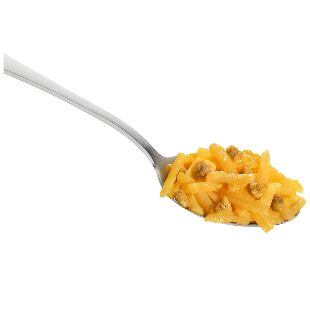 Close-up of potatoes and real sausage in Hamburger Helper cup showing hearty texture