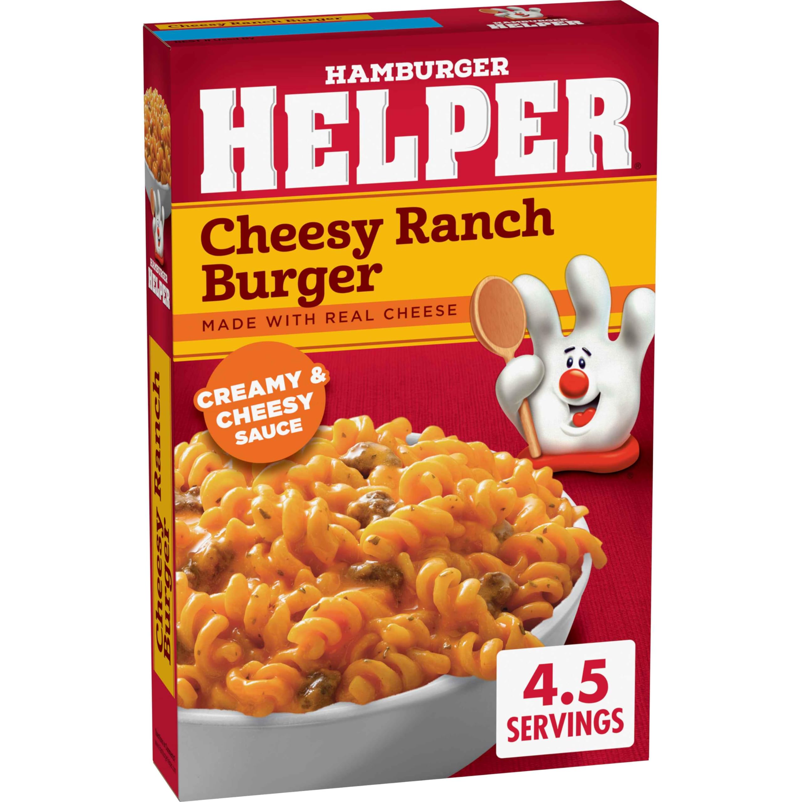 Hamburger Helper box opened to show pasta and seasoning packet for quick meals