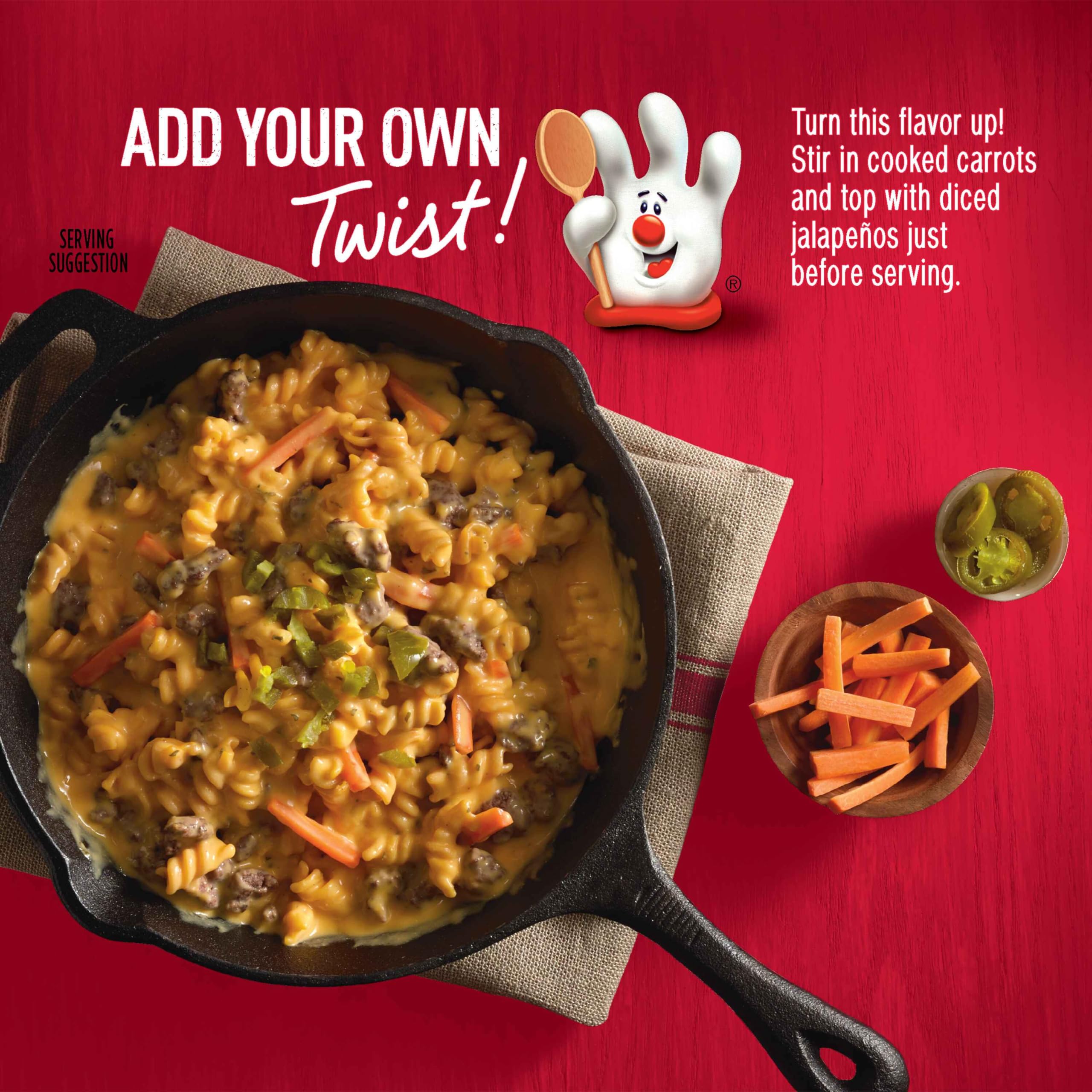 Hamburger Helper serving size displayed beside measuring cup for scale