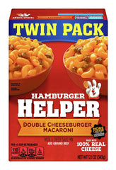 Hamburger Helper front packaging showing twin pack and quick meal benefit