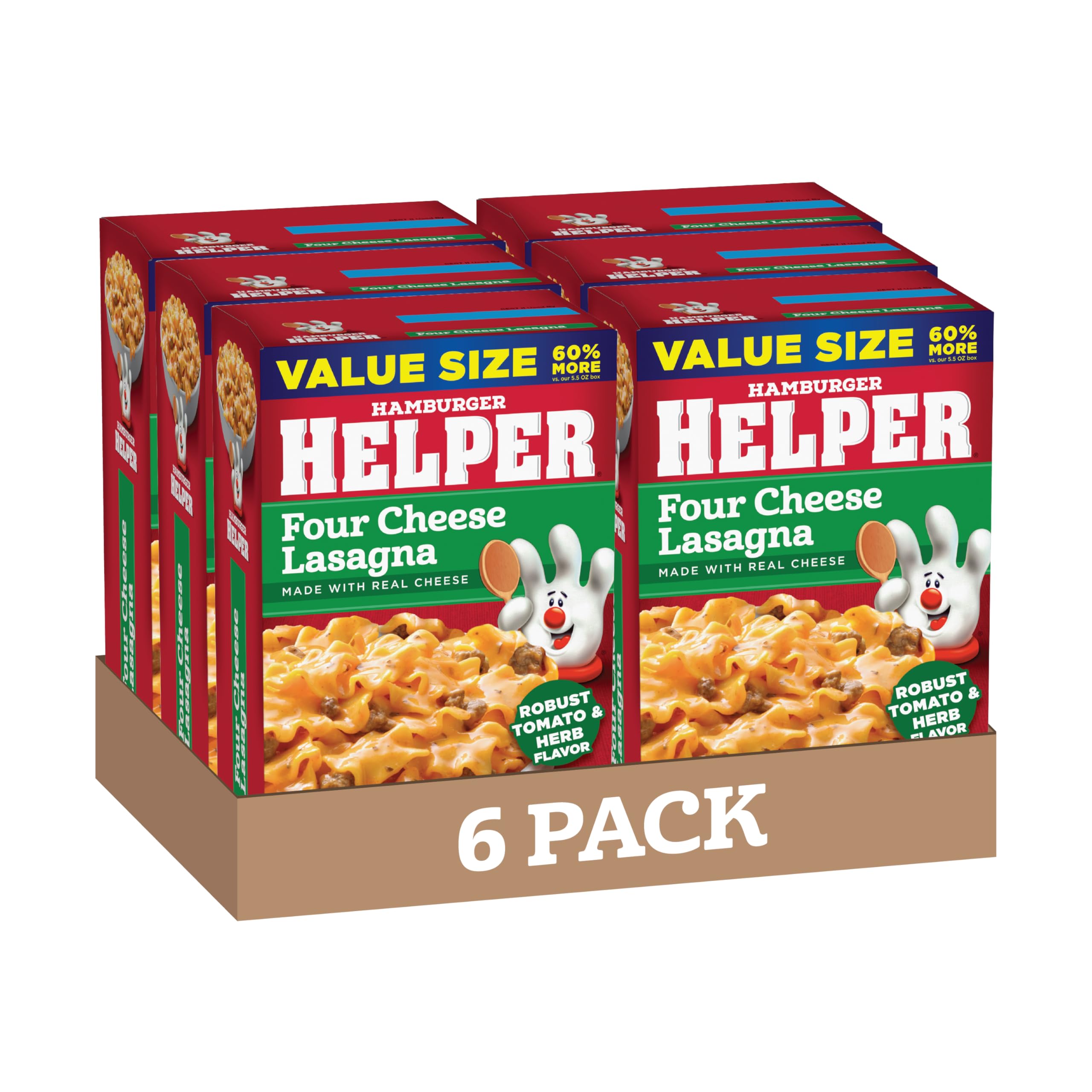 Hamburger Helper front packaging showing product name and 6-pack convenience