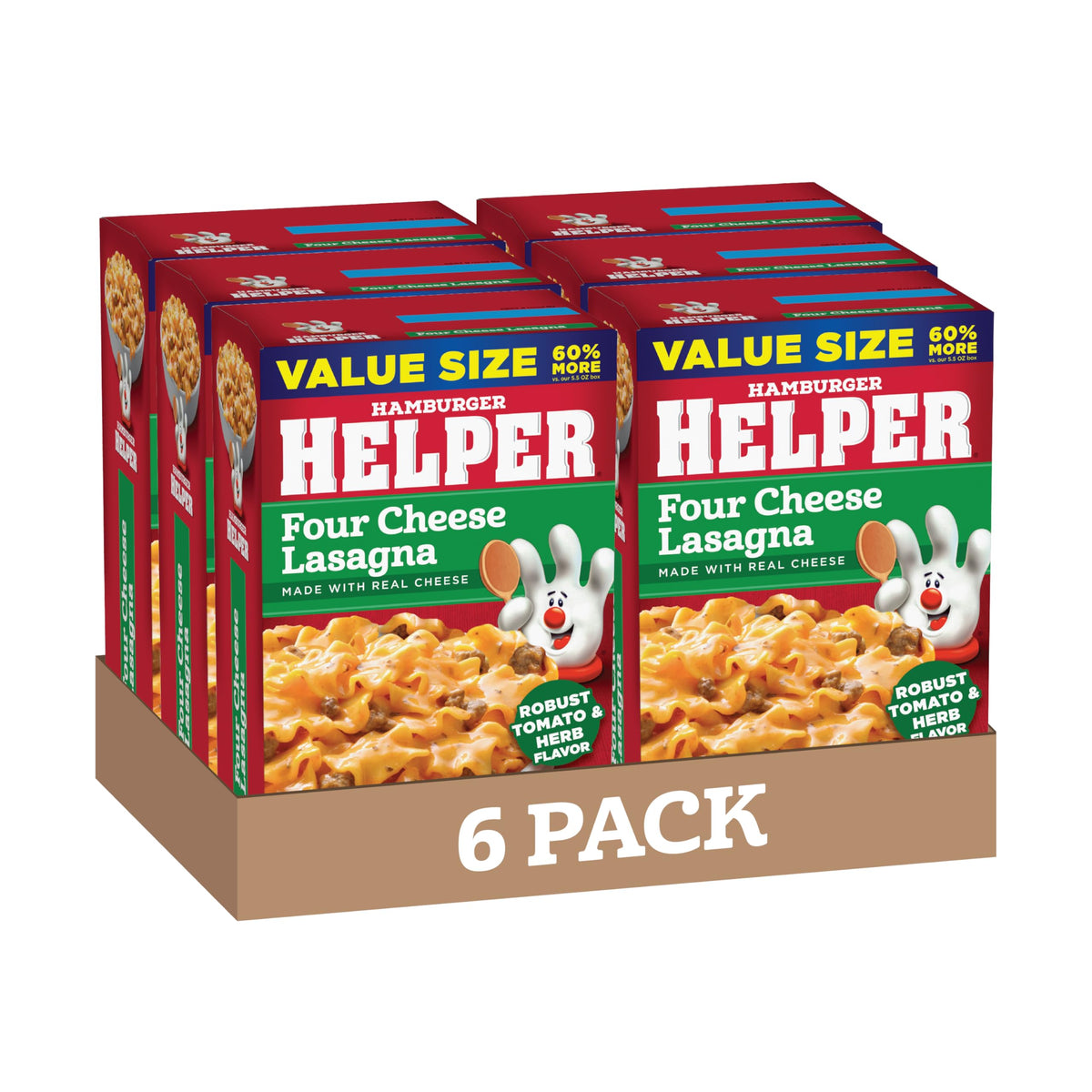 Hamburger Helper front packaging showing product name and 6-pack convenience