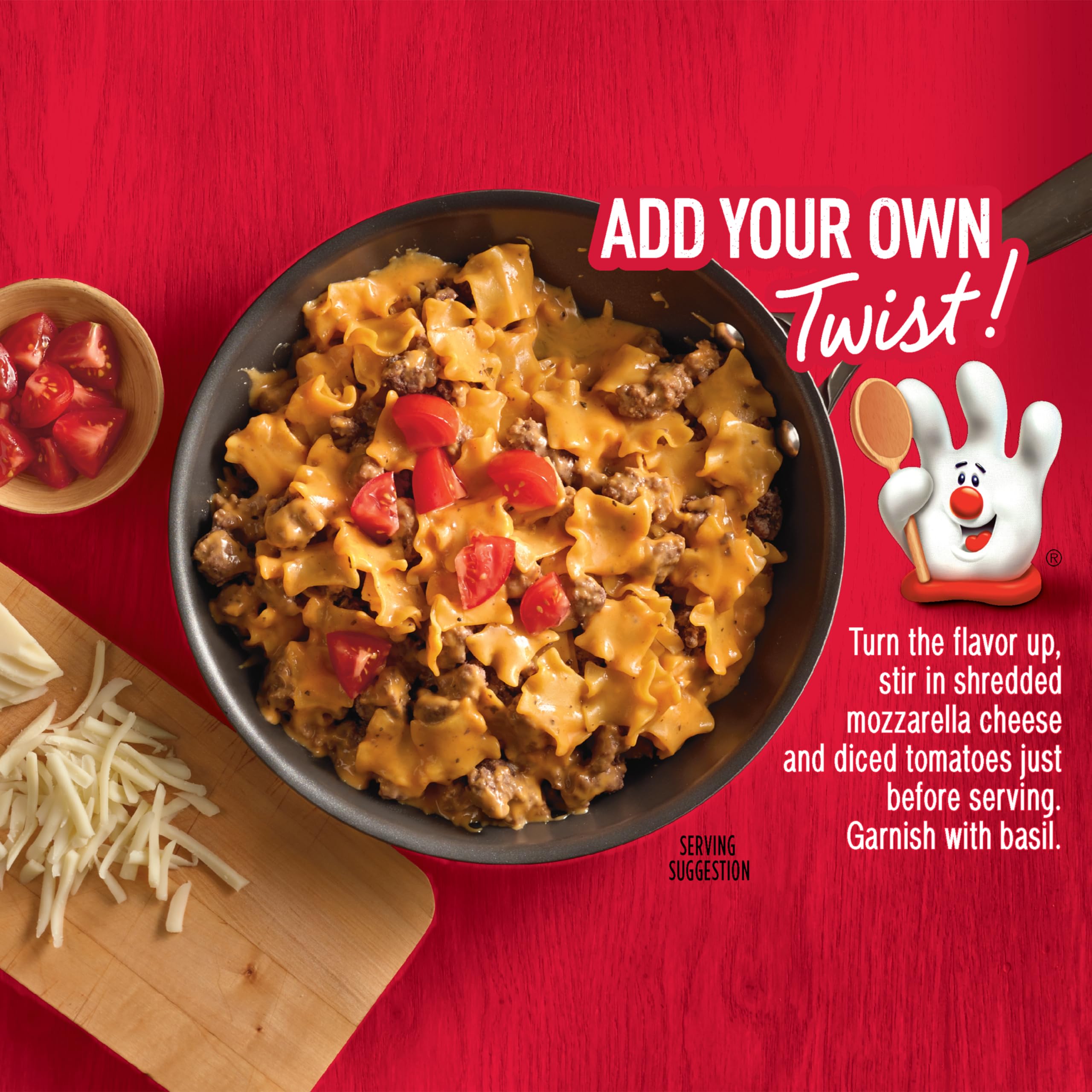 Hamburger Helper box beside a ruler to show value-size 8.8 oz packet dimensions